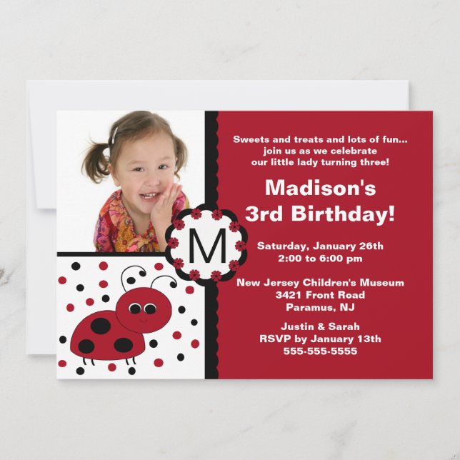 Red Ladybug Photo Birthday Invitation (Front)