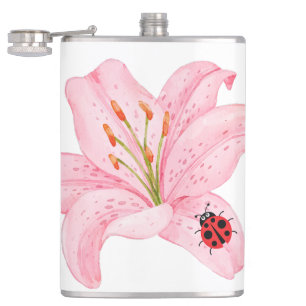 Red Ladybug pink Lily Flower custom name kid girl  Hip Flask