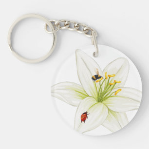 Red Ladybug pink Lily Flower custom name kid girl Keychain