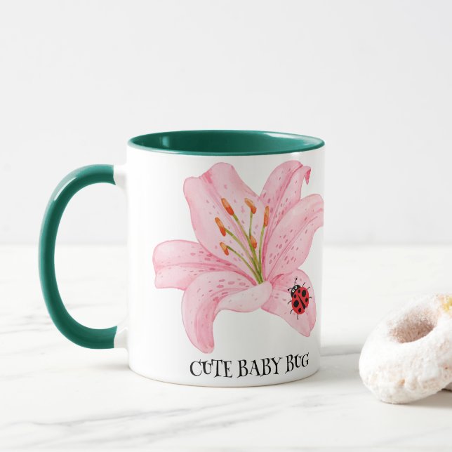 Red Ladybug pink Lily Flower custom name kid girl  Mug (With Donut)