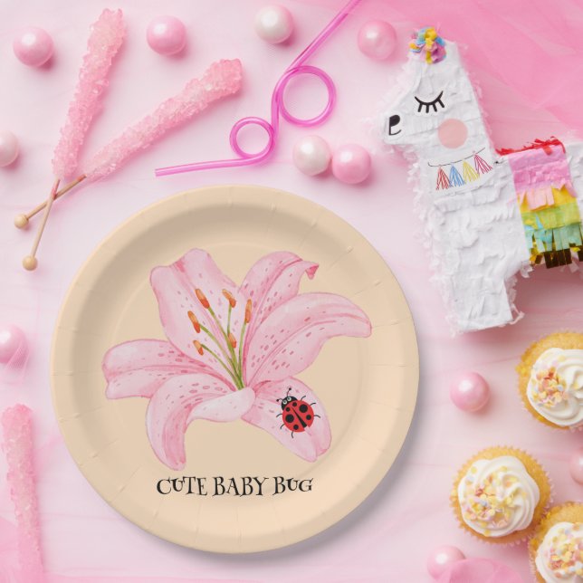 Red Ladybug pink Lily Flower custom name kid girl  Paper Plate (Party)