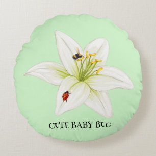 Red Ladybug pink Lily Flower custom name kid girl  Round Pillow