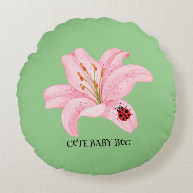 Red Ladybug pink Lily Flower custom name kid girl  Round Pillow (Front)
