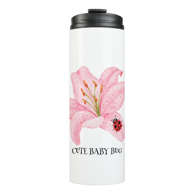 Red Ladybug pink Lily Flower custom name kid girl  Thermal Tumbler (Front)