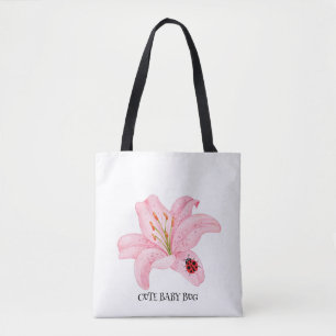 Red Ladybug pink Lily Flower custom name kid girl Tote Bag