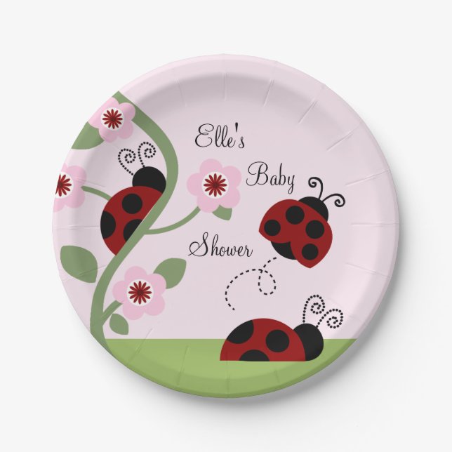 Red Ladybugs and Flowers Paper Plate (Front)