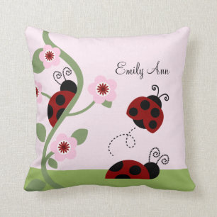 Red Ladybugs and Flowers Personalized Pillow