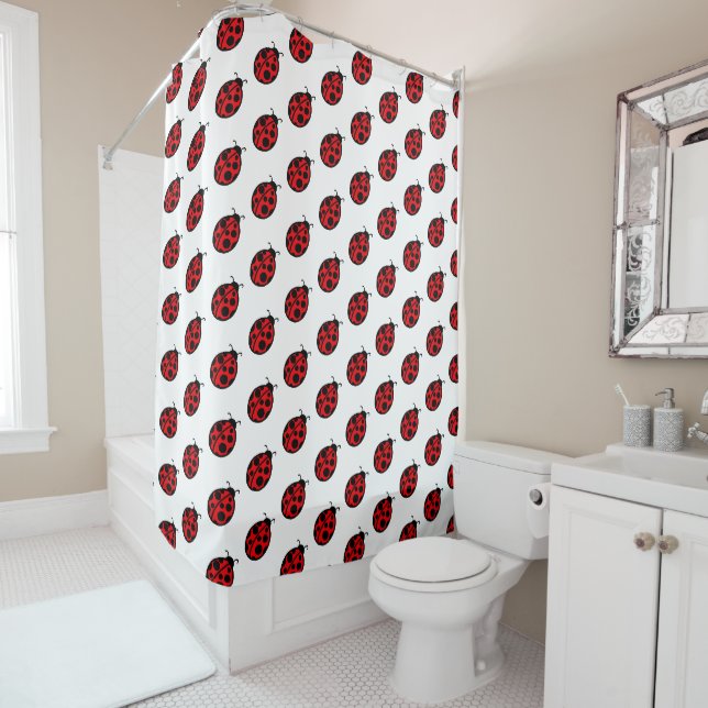 Red Ladybugs Bathroom Shower Curtain (In Situ)