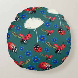 Red Ladybugs fleurs bleues Coussin rond