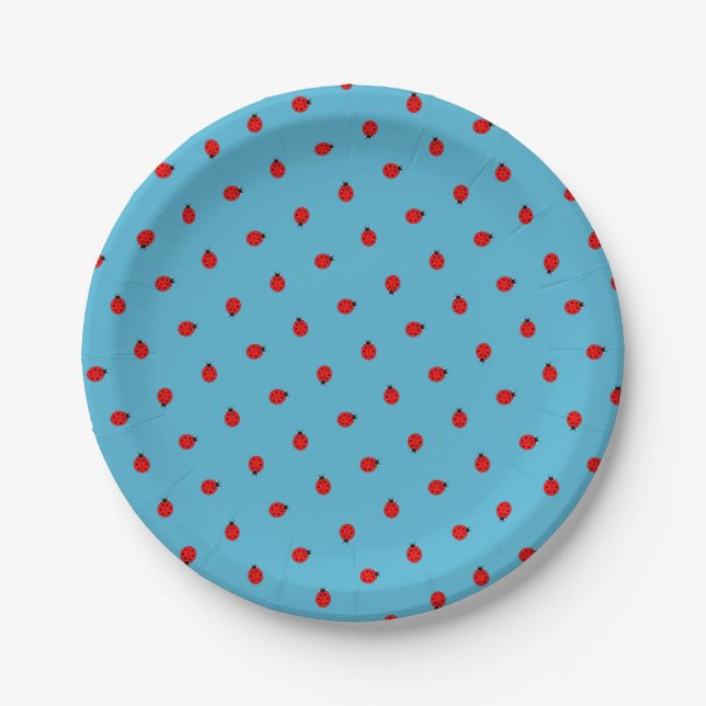 Red Ladybugs Polka Dot Pattern on Blue Paper Plate (Front)
