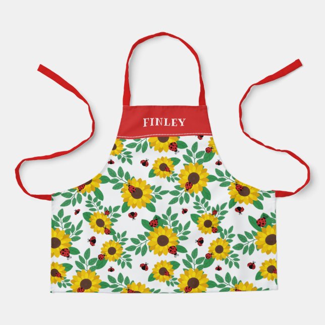 Red Ladybugs & Sunflowers Pattern Add Name Apron (Front)