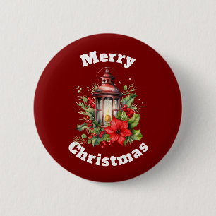 Red Lantern Poinsettia and Pine Merry Christmas 2 Inch Round Button