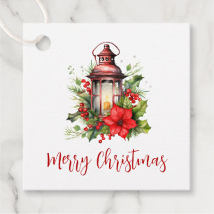 Red Lantern Poinsettia and Pine Merry Christmas Favour Tags
