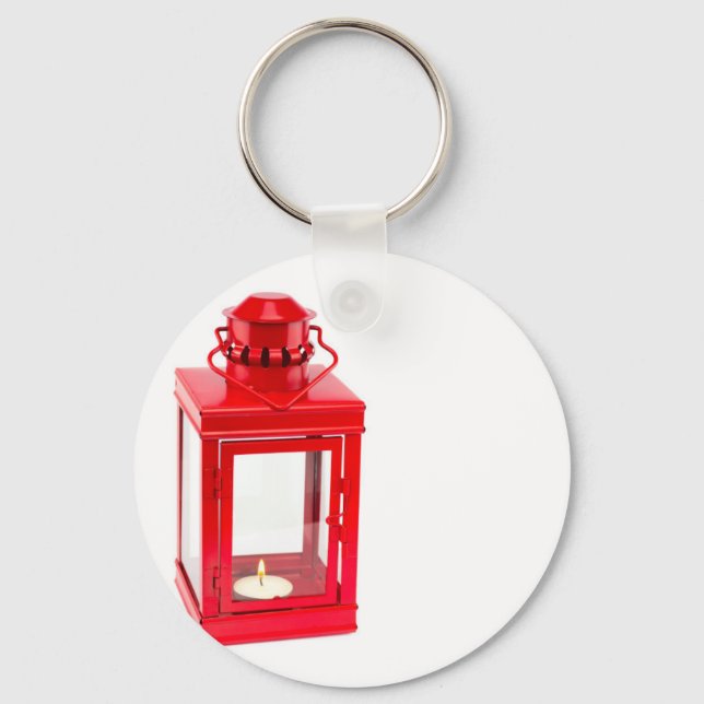 Red lantern with burning tealight on white keychain (Front)