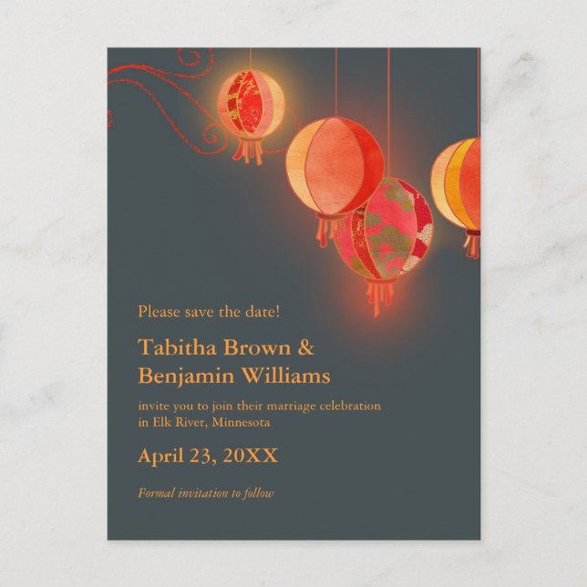 Red Lanterns Charcoal Grey Wedding Save the Date Announcement Postcard (Front)