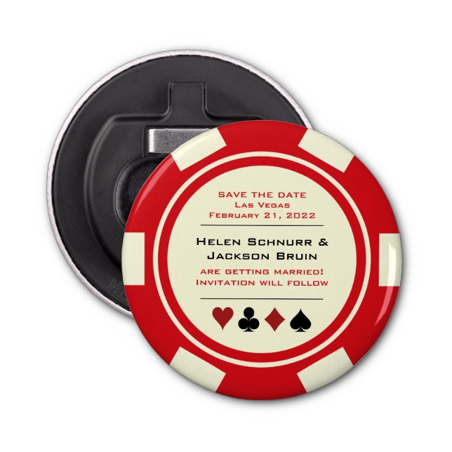 Red Las Vegas Casino Poker Chip Save The Date Bottle Opener (Front)