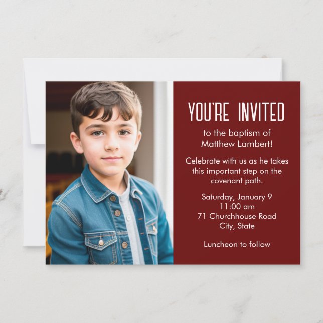 Red Latter-day Saint Child Photo Baptism Invitation (Front)