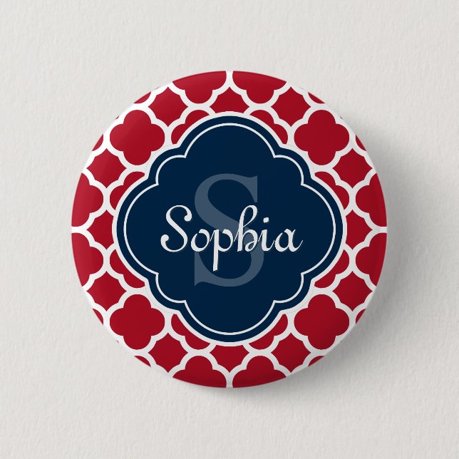 Red Lattice Pattern Navy Monogram 2 Inch Round Button (Front)