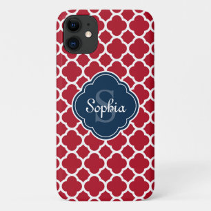 Red Lattice Pattern Navy Monogram iPhone 11 Case