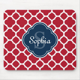 Red Lattice Pattern Navy Monogram Mouse Pad