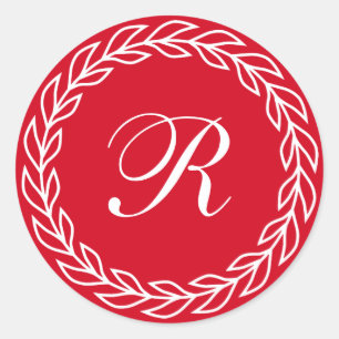 Red Laurel Wreath with Custom Monogram Classic Round Sticker