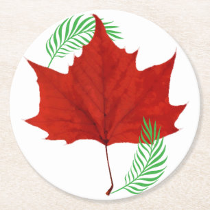 Red leaf and Ferns Round Paper Coaster