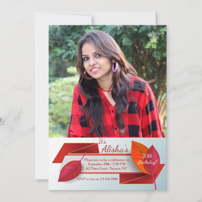 Red Leaf Banner Photo Invitation (Front)