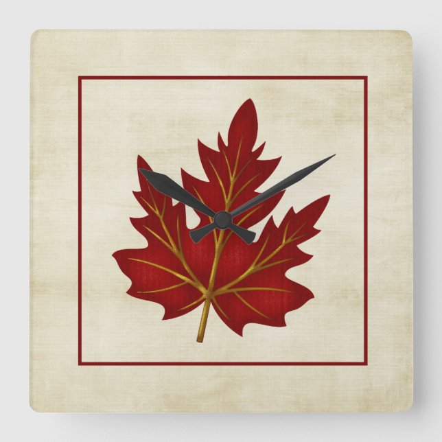 Red Leaf Fall Season Themed Square Clock (Front)