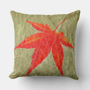 Red Leaf on Tan Leather Throw Pillow