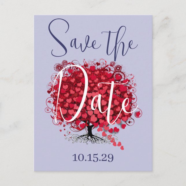 Red Leafed Heart Tree Save The Date Announcement Postcard (Front)