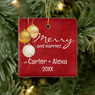 Red Leather First Christmas Married Ceramic Ornament