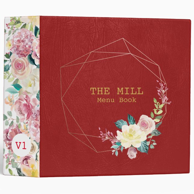 Red leather geometric floral frame binder (Front/Spine)