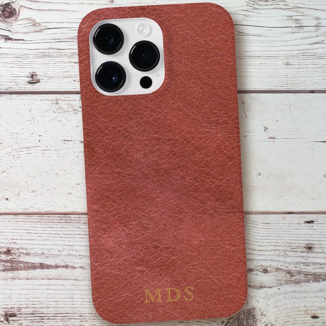 Red Leather Look Gold Monogram Simple Faux Oxblood Case-Mate iPhone Case