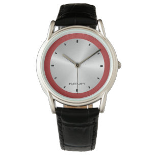 Red Leather & Metallic Stainless Steel Watch