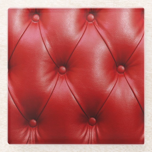 Red Leather: Upholstery Pattern Elegance. Glass Coaster (Front)