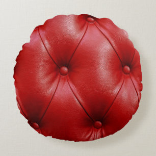 Red Leather: Upholstery Pattern Elegance. Round Pillow