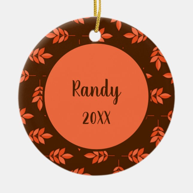 Red leaves custom name brown ceramic ornament (Front)