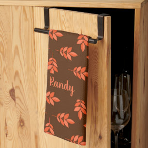 Red leaves custom name brown kitchen towel