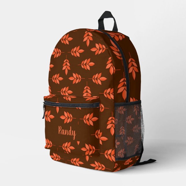 Red leaves custom name brown printed backpack (Back Corner Right)