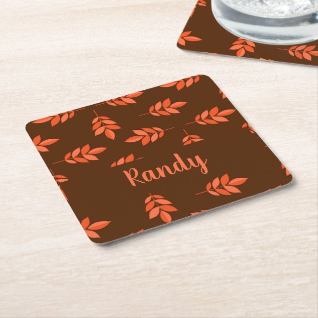 Red leaves custom name brown square paper coaster (Angled)