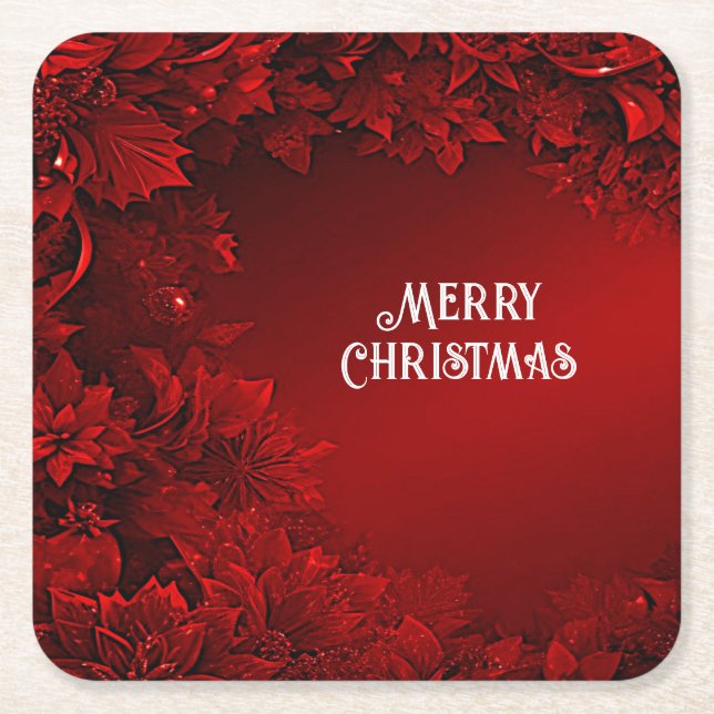 Red Leaves Floral Holiday Paper Coaster (Front)
