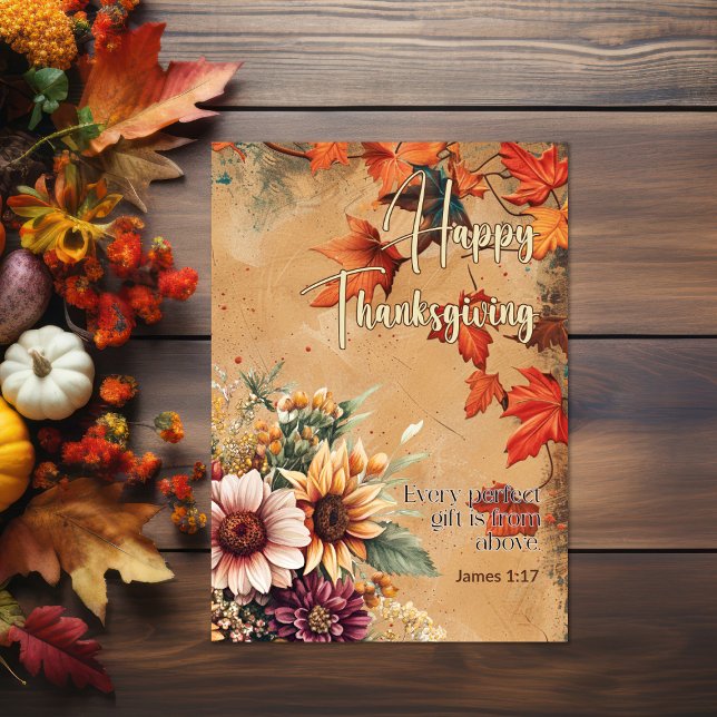 Red Leaves Flowers James 1:17 Happy Thanksgiving Card (Red leaves and flowers Bible verse Thanksgiving Card)