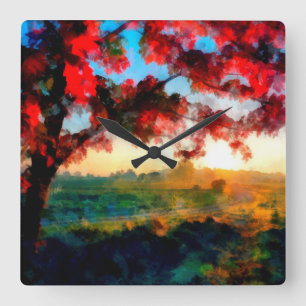 Red leaves glowing in sunset   Landscape Painting Square Wall Clock
