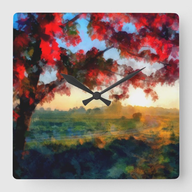Red leaves glowing in sunset | Landscape Painting Square Wall Clock (Front)