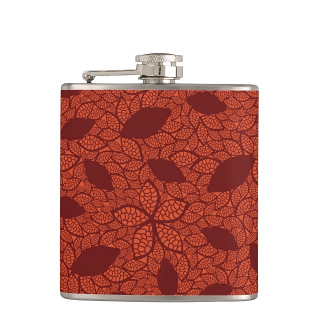 Red leaves pattern on orange hip flask (Front)