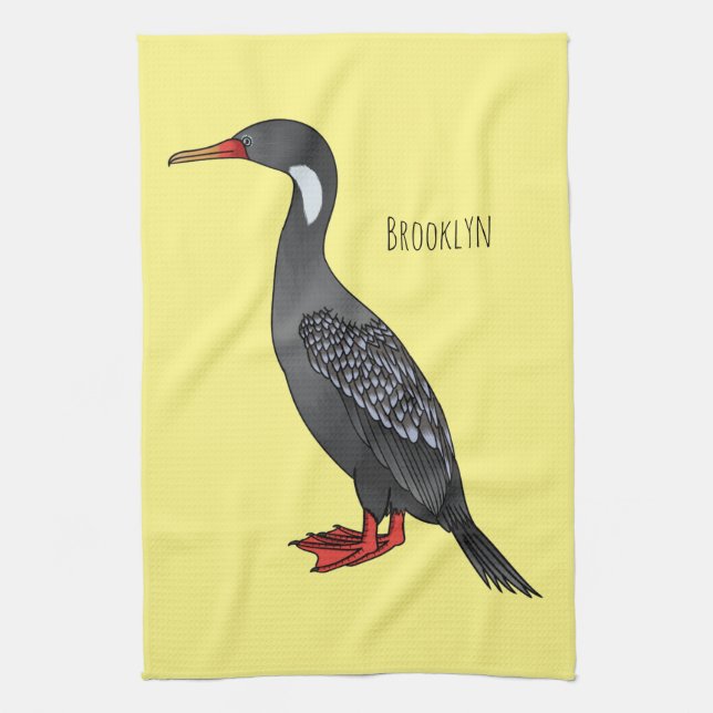 Red-legged cormorant bird cartoon illustration kitchen towel (Vertical)
