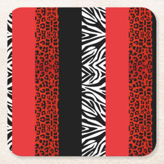 Red Leopard and Zebra Custom Animal Print Square Paper Coaster