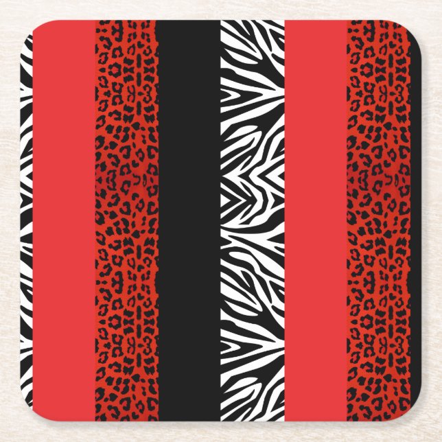 Red Leopard and Zebra Custom Animal Print Square Paper Coaster (Front)