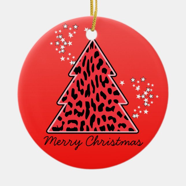 Red Leopard Cheetah Christmas Tree Ceramic Ornament (Front)