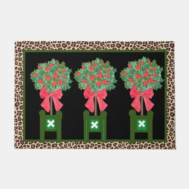 Red Leopard  Holly Berry Chinoiserie  Doormat (Front)
